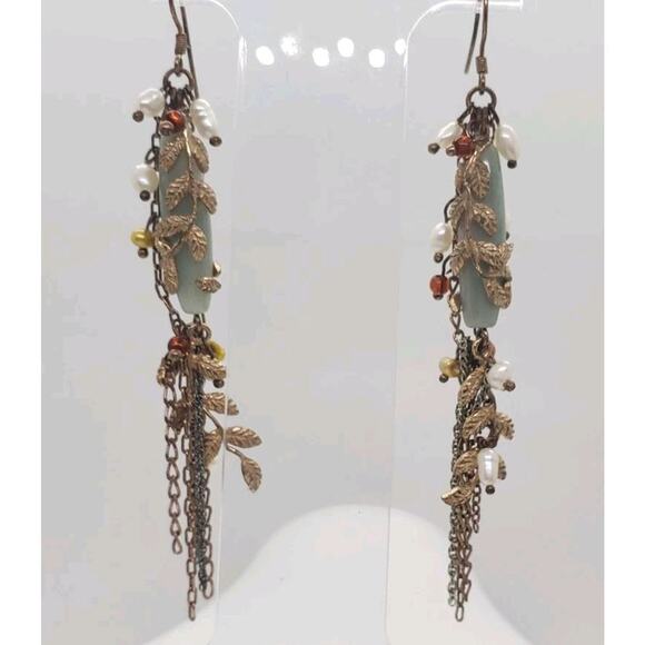 Vtg Earrings Long Dangle Freshwater Pearl 14k Gold plate Leaves Chain Cluster - Picture 1 of 9
